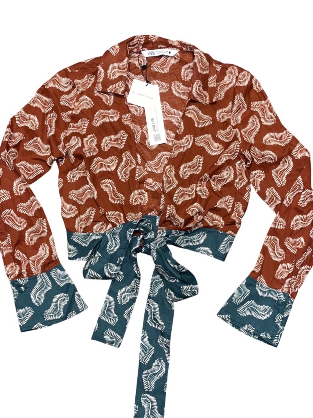 Zara Jasmine Blouse Orange Green Tie Open Front Collar Ladies XS NWT Long Sleeve